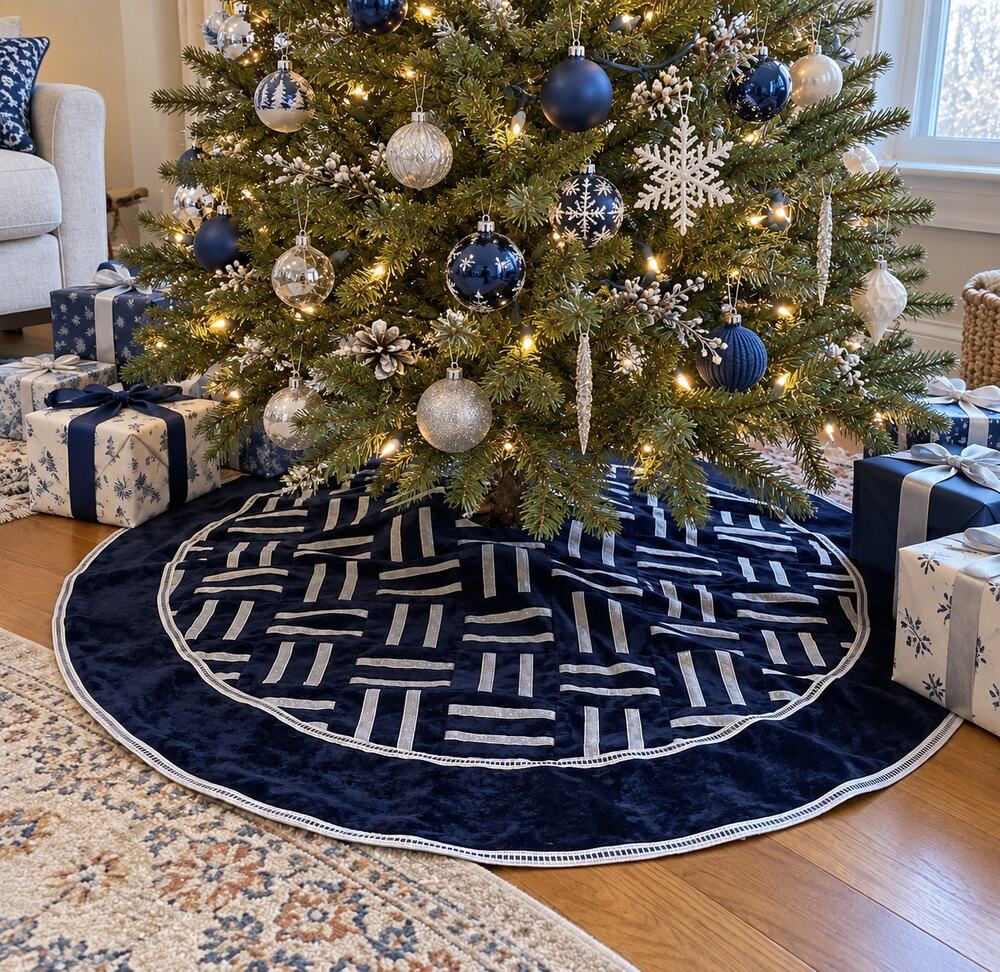 VINTAGE Handmade Velvet Christmas Tree Skirt Navy Silver Geometric Hanukkah Bush